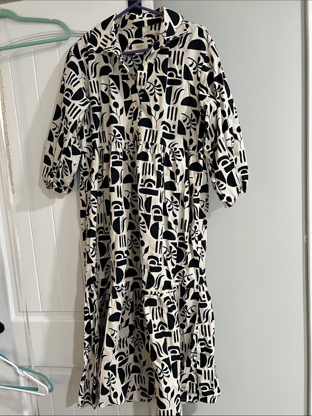 Maeve Black and Cream Abstract Tiered Midi Dress